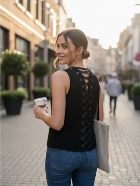 INC Black Corset-Back Tailored Vest Structured Button Front XS